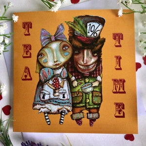 Alice nel Paese delle Meraviglie Tea Time Mad Hatter biglietto di auguri da opera d'arte originale. Curiose cartoline per compleanno, Natale, Pasqua, San Valentino