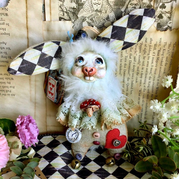 Little Frabjous White Rabbit. Alice in Wonderland art doll. Clay fabric hanging decoration Christmas tree ornament OOAK soft sculpture plush