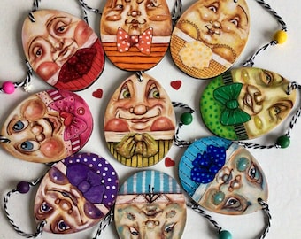 Rainbow Humpties. Pick N Mix Humpty Dumpty from Alice in Wonderland. Hand painted Easter egg Christmas tree decoration ornament. Xmas bauble