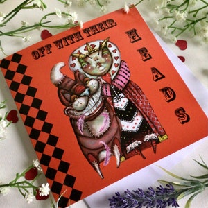 Alice nel Paese delle Meraviglie Cheshire e Regina di Cuori biglietto d'auguri da opera d'arte originale. Curiose cartoline per feste, compleanni, celebrazioni ecc.