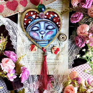 Pastel Punk Alice in Wonderland Blue Caterpillar portrait decoration. Hand painted Christmas tree valentine ornament. Original art decor