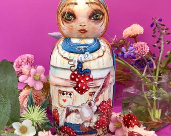 Sweet Alice in Wonderland nesting art doll with white rabbit and heart mushrooms. Alice wooden box Matryoshka doll. Hand painted ooak doll