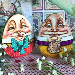 A well pleased Humpty Dumpty. Easter hand painted freestanding wooden ornament from Alice in Wonderland Through the Looking Glass
