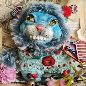 The Chortle Cheshire Cat Alice in Wonderland art doll. Clay, fabric decoration. Christmas tree ornament. OOAK soft sculpture plush