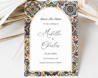 Puede incluir: Tarjeta de guardar la fecha con un borde de patrón de azulejos coloridos. El texto dice "Save the Date for the wedding of Michelle & Charles 05.20.20XX San Francisco, CA Formal invitation to follow."