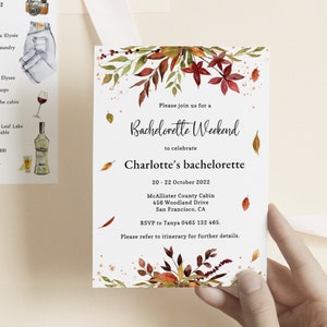 May include: Two white rectangular cards featuring a bachelorette weekend itinerary and invitation. The itinerary includes watercolor illustrations of a camera, jeans, a beanie, a campfire, and wine. The invitation features autumn leaf motifs.