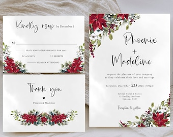 Wedding Invitation Card Christmas, Poinsettia Wedding Invitation, Winter Wedding Invitation, Poisnetta Wedding Invitation, Christmas Wedding