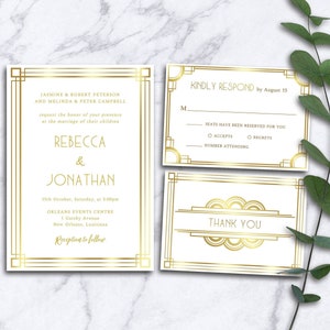 Weißgold Gatsby Hochzeitsvorlagen, Art-Deco-Hochzeitsset, druckbare Gatsby Hochzeitsvorlagen, 1920's Hochzeitsdetails Rsvp Dankeskarte