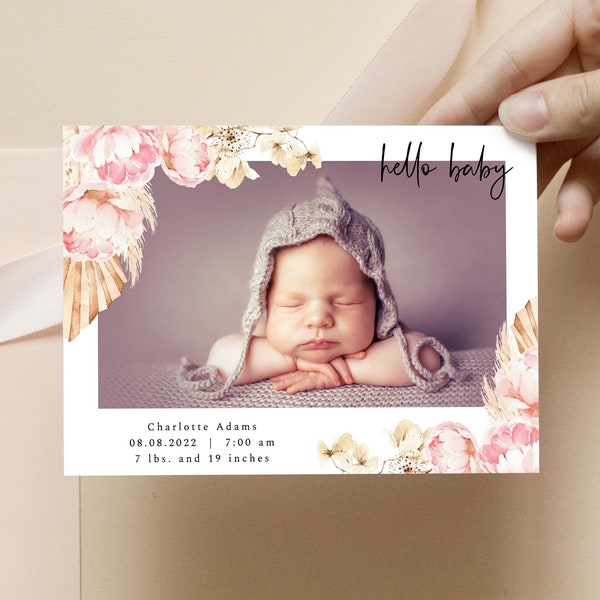 boho birth announcement card girl, baby announcement card digital, birth announcement template, newborn announcement, instant download