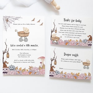 Little Boo Baby Shower Invitation Set, Halloween Baby Shower Invitation, Cute Halloween Baby Shower, Pink Floral Halloween, B01