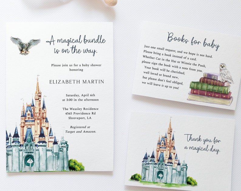 Princess baby shower invitation set girl baby shower invitation once upon a time invitation magical owl castle printable