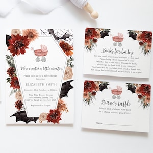 We&#39;ve Created a Monster Baby Shower, Halloween Baby Shower Invitation Set, Gothic Baby Shower Invite, Floral Terracotta Invite, HAL10