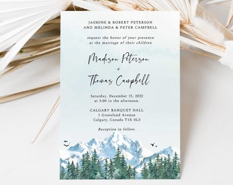 Winter mountain wedding invitation, snowy mountain wedding invitation, forest, blue mountain, pine trees, holiday wedding invite, Skadi