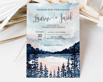 Lake Wedding Invitation, Forest wedding invitation, Mountain Wedding Invitation, blue wedding invitation, Woodland, blue forest