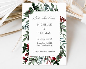 Winter Greenery Save the Date, Christmas Wedding Save the Date template download, holiday wedding Save the Date, modern, printable, Clara
