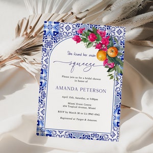 Mediterranean Citrus Bridal Shower Invitation, Blue Tiles Orange Invitation, Tuscan Italian Invitation, Santorini, Bougainvillea, ME12