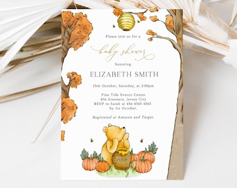 May include: A Winnie the Pooh themed baby shower invitation with a cartoon illustration of Winnie the Pooh holding a pot of honey and surrounded by pumpkins. The invitation includes the text "Please join us for a baby shower honoring ELIZABETH SMITH 15th October, Saturday, at 2:00pm Pine Tide Events Center 456 Greenery, Jersey City RSVP to Sarah at 456 4565 4565 by 1st October. Registered at Amazon and Target."
