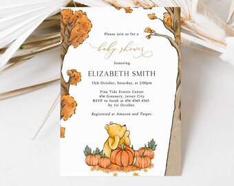 May include: Baby shower invitation featuring a watercolor illustration of Winnie the Pooh with pumpkins and autumn leaves. The invitation includes details for Elizabeth Smith's baby shower, with event information and RSVP details.