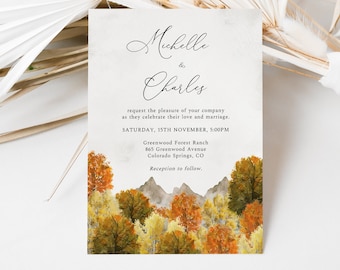 Fall Forest Wedding Invitation, Autumn Mountain Wedding Invite, Woodland Wedding, Outdoor Wedding, Rustic Adventure Destination Wedding,BD10