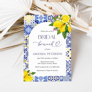 Mediterranean Lemon Bridal Shower Brunch Invitation, Citrus Bridal Shower Invite, Blue Tiles, Tuscan Italian Invitation, Santorini, ME3