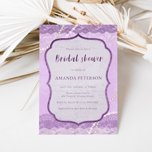 Zaproszenie na wieczór panieński z perłami i koronką, Zaproszenie na wieczór panieński w kolorze fioletowym, Wieczór panieński w stylu shabby chic, Wieczór panieński w stylu vintage, Edytowalne zaproszenie