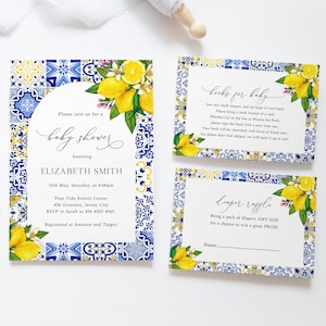 Mediterranean Lemon Baby Shower Invitation Set, Blue Tiles Lemon Invitation, Girl Baby Shower, White Flowers, Summer Baby Shower, ME3