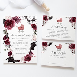 Halloween Baby Shower Invitation Set,  We&#39;ve Created a Monster Baby Shower, Gothic Baby Shower Invite, Floral Burgundy Invite, HAL01