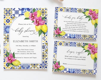 Mediterranean Lemon Baby Shower Invitation Set, Blue Tiles Bougainvillea Lemon, Tuscan Italian Invitation, Santorini, Summer Baby Shower,ME2