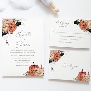 Faire-parts de mariage pour Halloween, suite nuptiale d'automne, mariage bohème avec citrouille, mariage orange terre cuite, suite nuptiale citrouille, automne, HAL05