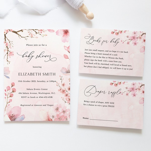 Cherry Blossom Baby Shower Uitnodiging Set, Baby Shower Invitation Girl, Roze Floral Baby Shower Uitnodiging, Bewerkbare babyshower uitnodiging