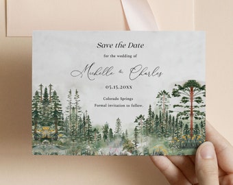 Save The Date Mountain, Save The Date Forest, Rustic Save The Date, Mountain Wedding Template, Destination Wedding Invite, BD001