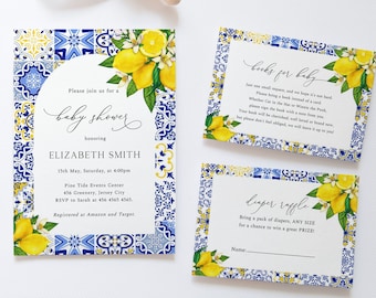 Mediterranean Lemon Baby Shower Invitation Set, Blue Tiles Lemon Invitation, Boy Baby Shower, Summer Baby Shower, White Flowers, ME10
