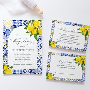 Mediterranean Lemon Baby Shower Invitation Set, Blue Tiles Lemon Invitation, Boy Baby Shower, Summer Baby Shower, White Flowers, ME10