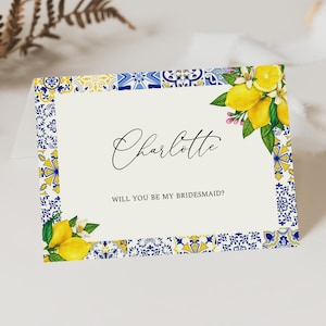 Mediterranean Lemon Bridesmaid Proposal Card, Maid Of Honor, Will You Be My Bridesmaid Card, Lemon Proposal Card, Blue Tiles, ME3