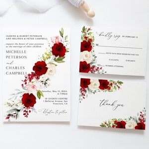 Rote und weiße Hochzeit-Einladung, rote Rosen Hochzeit einladen, Blumenhochzeit, Antwortkarte, Details Karte, sofortiger Download, G26