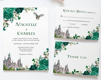 Emerald Green Wedding Invitation Set, Castle And Greenery Invitation, Printable Magical Wedding Invite, Owl Wedding, Save the Date, G21