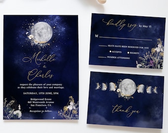 Floral Moon Wedding Invitation Set, Celestial Wedding Invitation, Wildflowers, Moon and Stars, Gold and Navy Blue, Starry Night, Galaxy,BD06