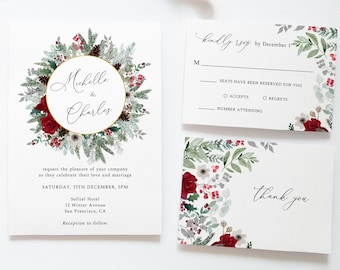 Red roses winter wedding invitation set, Christmas wedding invitation set, red floral, holiday wedding invitation, Chiara, NEW