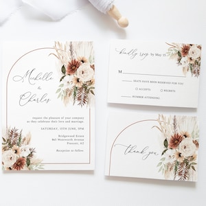 Boho pampas wedding invitation set, Modern terracotta boho invitation, printable arch wedding invitation template, rust invitation, BH1