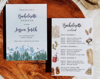 Winter Mountain Bachelorette Weekend Invitation Template, Pine Trees Bachelorette Invitation, Mountains Forest Colorado Bachelorette, Skadi