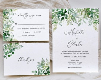 Greenery Wedding Invitation Set, Personalized Invitation Templates, Digital Wedding Invitation, Floral Wedding Printable, GR004