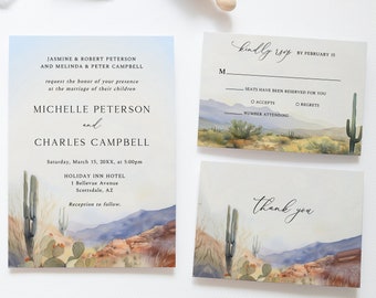 Desert Wedding Invitation Suite, Cactus Invitation, Arizona Wedding Invitation Set, Scottsdale Wedding, Saguaro Invite, Warm Earth Tones,D02