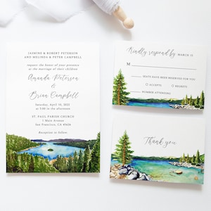 Lake Tahoe wedding invitation, Fannette Island, Emerald Bay, mountain, forest, woodland, instant download