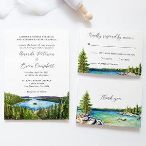 Lake Tahoe wedding invitation, Fannette Island, Emerald Bay, mountain, forest, woodland, instant download