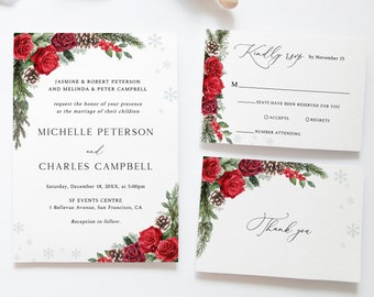 Conjunto de invitación de boda de rosas rojas de invierno, descarga de plantilla de invitación de boda de Navidad, invitación de boda de vacaciones, boda de nieve, W36