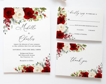 Red and White Wedding Invitation Set, Red Roses Wedding Invite, Floral Wedding, RSVP Card, Details Card, Instant Download, G26