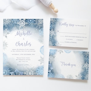 Winter Wonderland Wedding Invitation Set, Blue Snowflake Wedding Invitation, Winter Wedding, Christmas Wedding Invite, W03