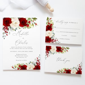 Ensemble de faire-part de mariage rouge et blanc, faire-part de mariage roses rouges, mariage floral, carte RSVP, carte détaillée, téléchargement immédiat, G26