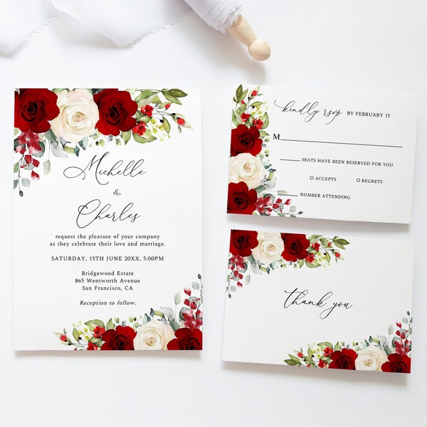 Red and White Wedding Invitation Set, Red Roses Wedding Invite, Floral Wedding, RSVP Card, Details Card, Instant Download, G26