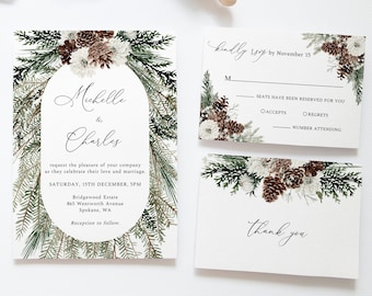 Winter Greenery Wedding Invitation Suite, Christmas Wedding Invite, Rustic Wedding, Pine Leaves, Pine Cones, Instant Download, W19, NEW